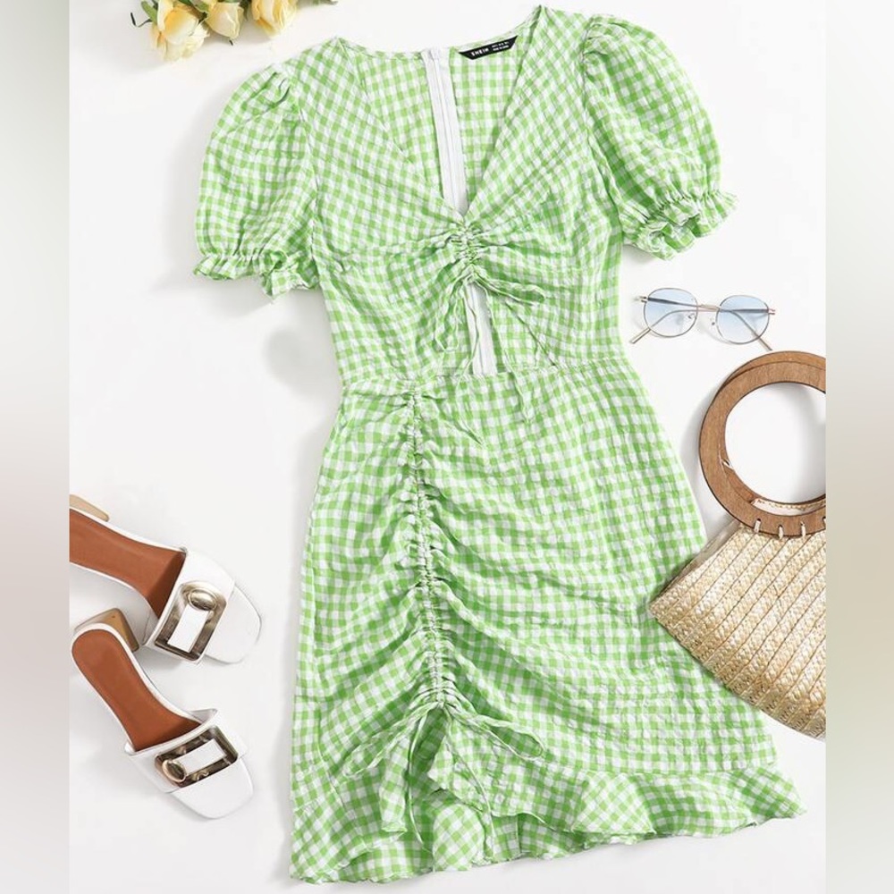 3 for $15 Shein Curve Green White Checkered Dress | Summer Flirty Ruffled Flowy